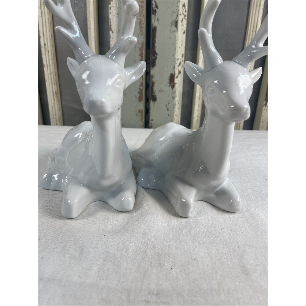 Set of 2 White Porcelain Deer Approx. 7.5 x 8.5".